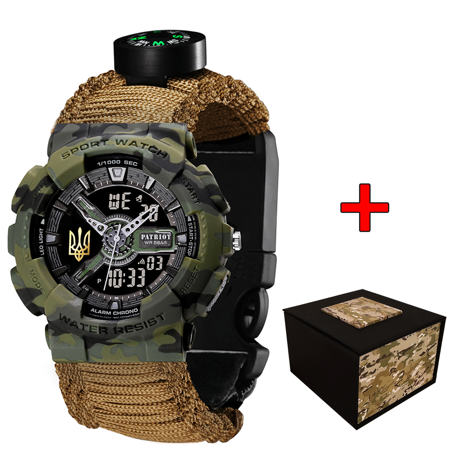 Patriot 005 Тризуб золото Camo Green Паракордовий ремінець Khaki + Коробка.