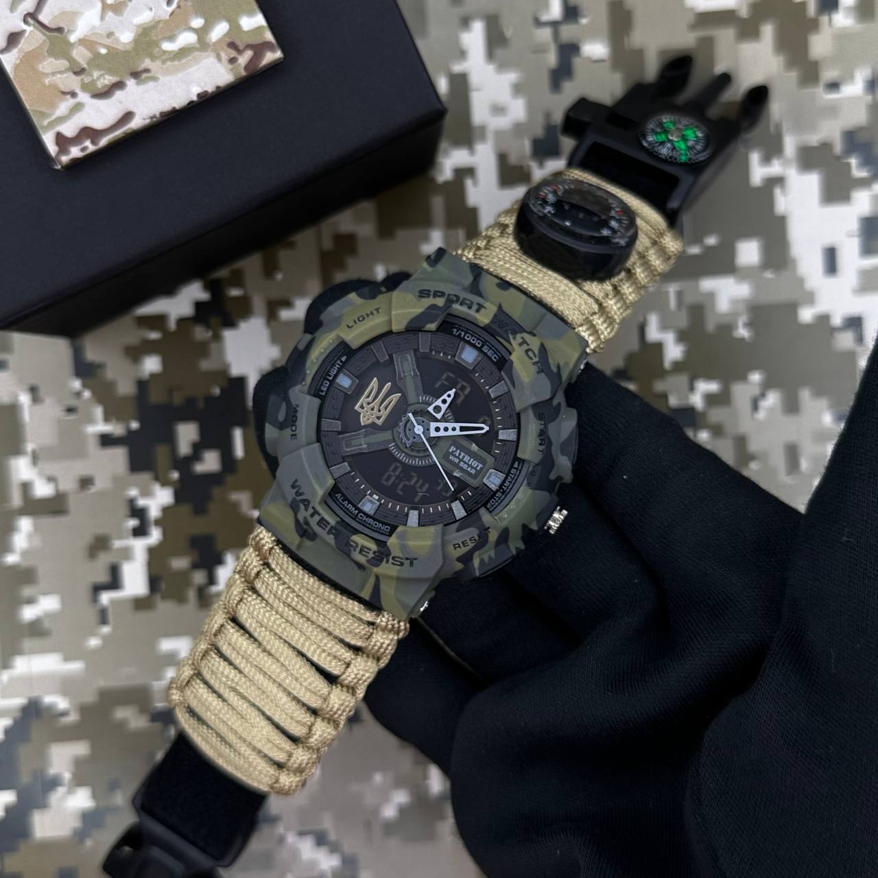 Patriot 005 Тризуб золото Camo Green Паракордовий ремінець Khaki + Коробка. - Зображення 2