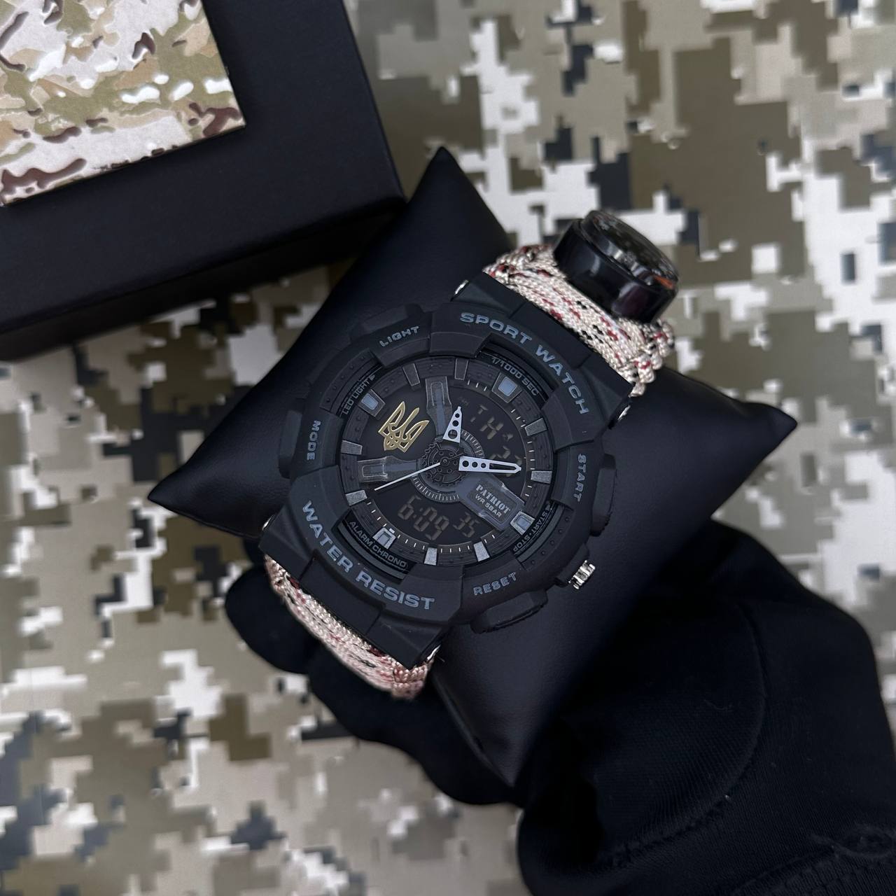 Patriot 005 Тризуб золото Чорний Паракордовий ремінець Desert Camo + Коробка — изображение 2