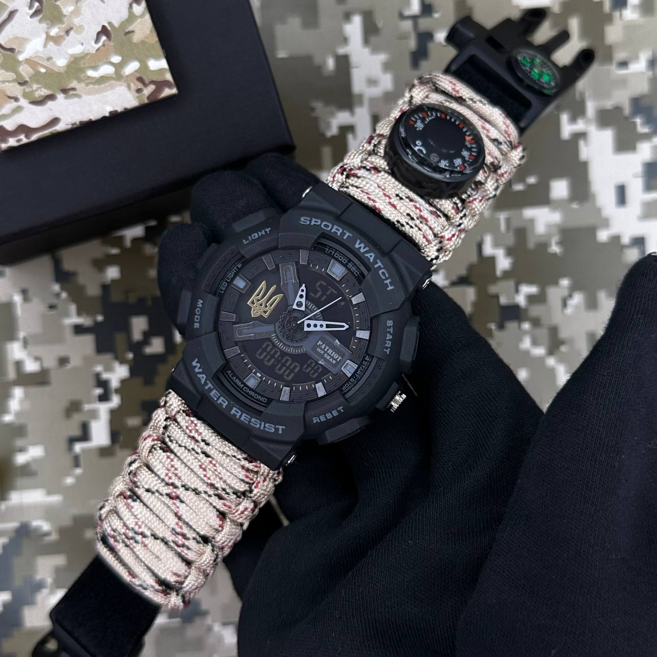 Patriot 005 Тризуб золото Чорний Паракордовий ремінець Desert Camo + Коробка — изображение 3