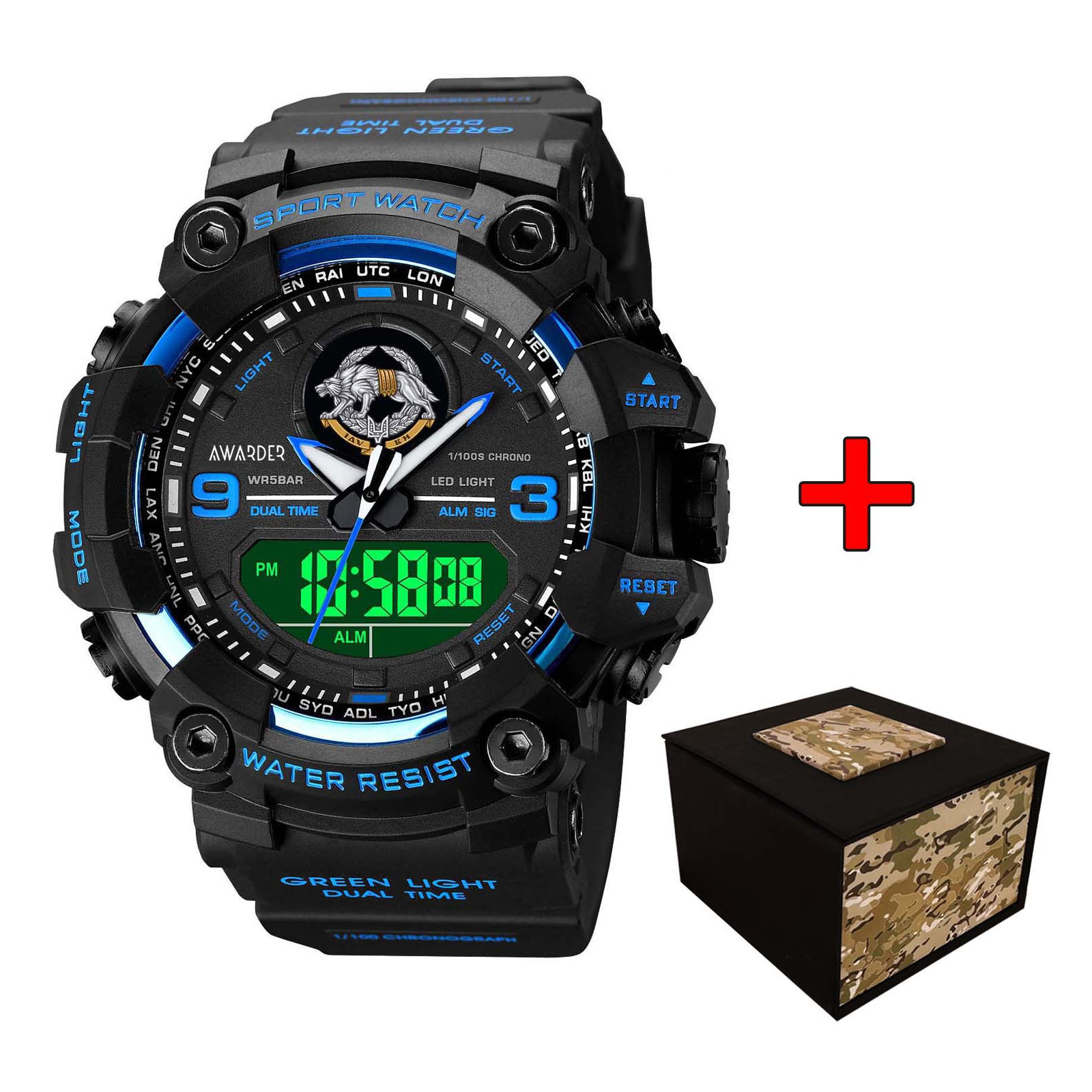 Наручний годинник Awarder 001BUSSO ССО Чорні з синім + Коробка img-1