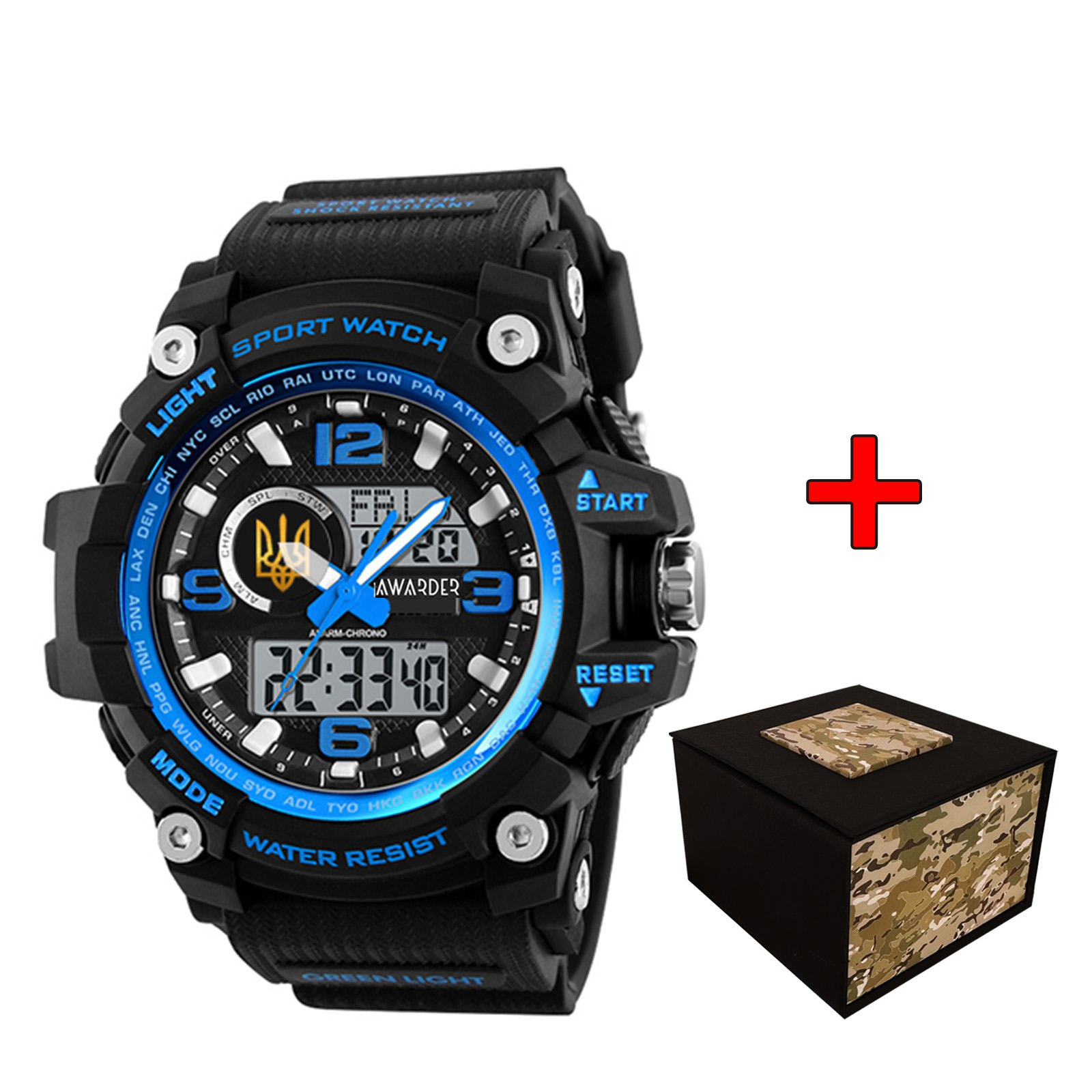 Наручний годинник Awarder 012BUBKUAGD Тризуб золото Чорні з синім + Коробка img-1