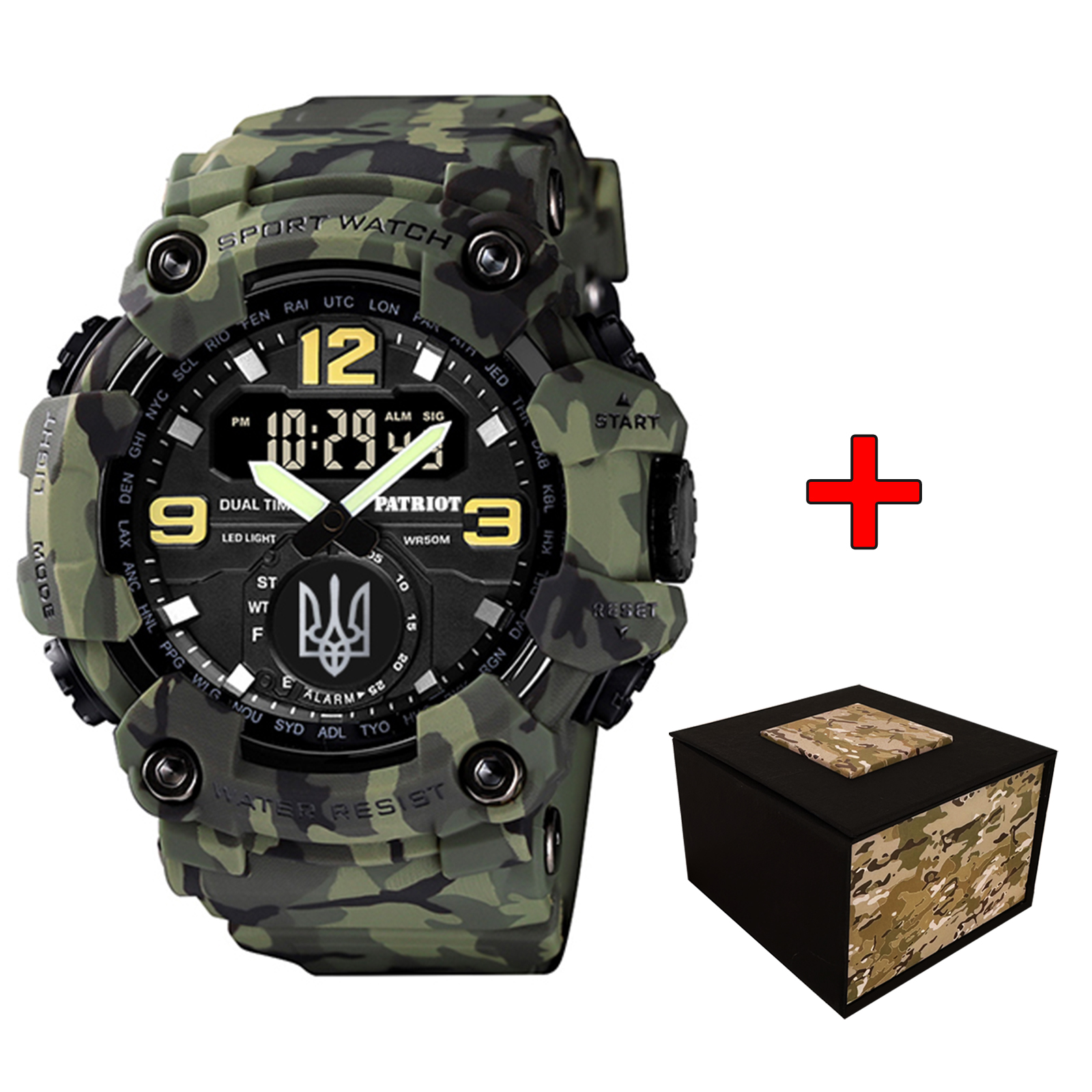 Наручний годинник Patriot 004CMGRUASI Тризуб срібло Зелений камуфляж + Коробка. img-1