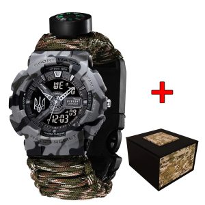 Наручний годинник Patriot 005 Тризуб срібло Сірий камуфляж Паракордовий ремінець Camo Green + Коробк img-1