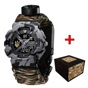 Наручний годинник Patriot 005 Тризуб золото Сірий камуфляж Паракордовий ремінець Camo Green+Коробка img-1