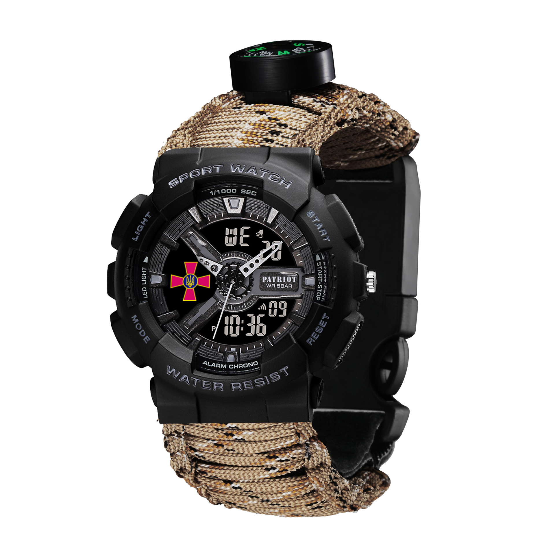 Наручний годинник Patriot 005BKSU ЗСУ Чорні Паракордовий ремінець Desert Camo + Коробка img-1