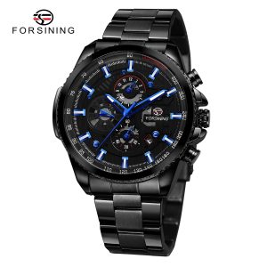Наручний годинник Forsining 6909 All Black-Blue Steel img-1