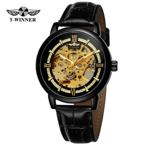 Наручний годинник Forsining 8173 All Black-Gold Leather img-1